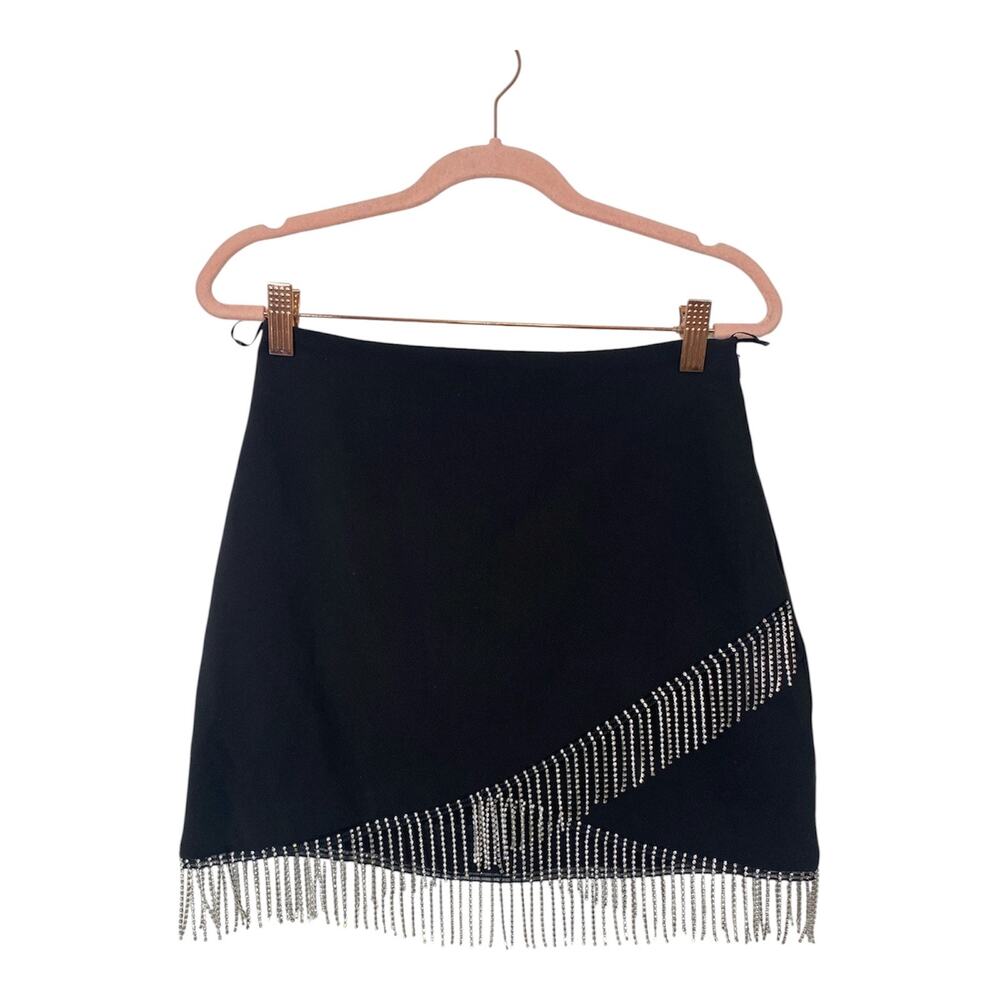 ZARA Women Black Side Zip Skirt Bedazzled Fringes Size Small